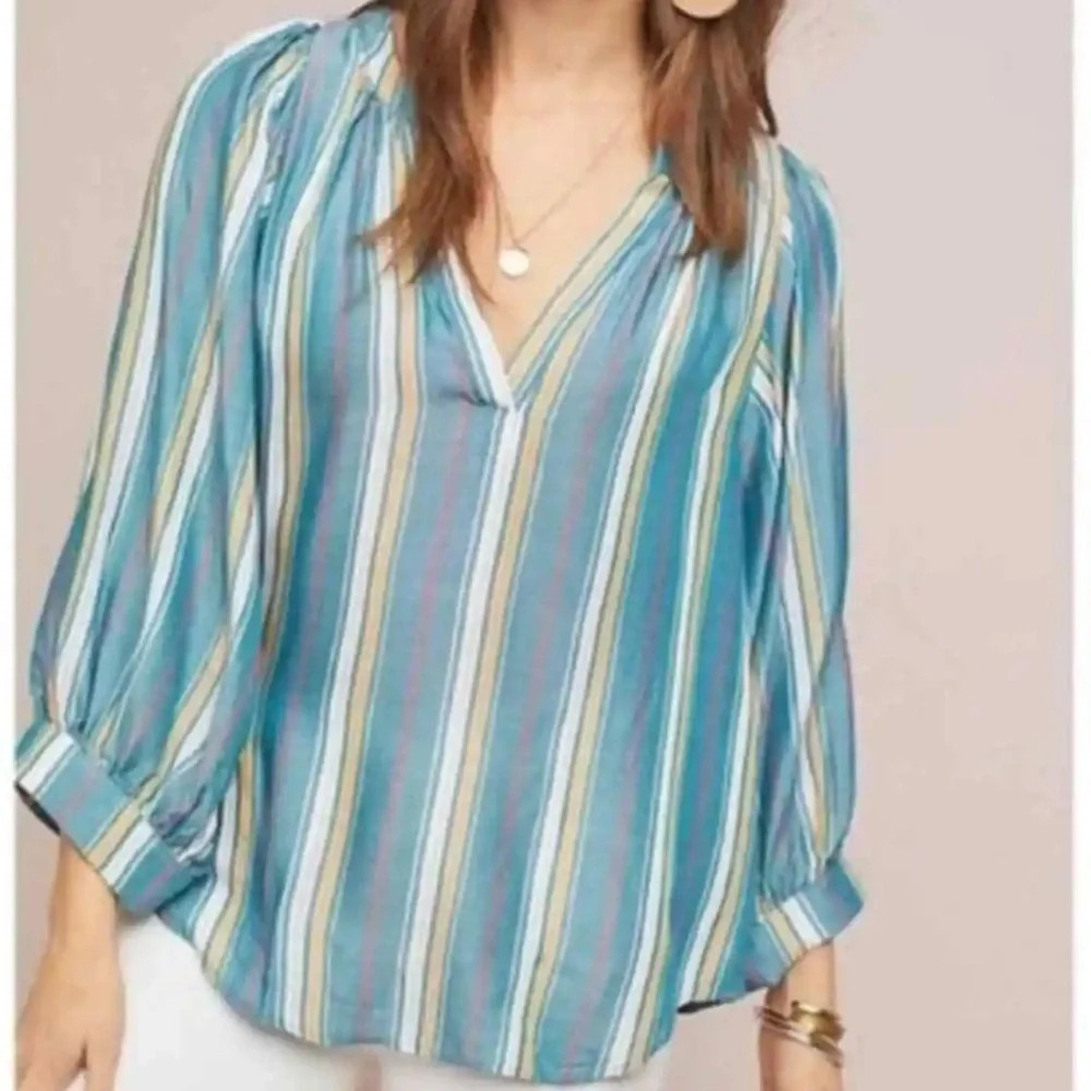 Anthropologie Maeve Byron Striped Blouse Split Neck Size S
